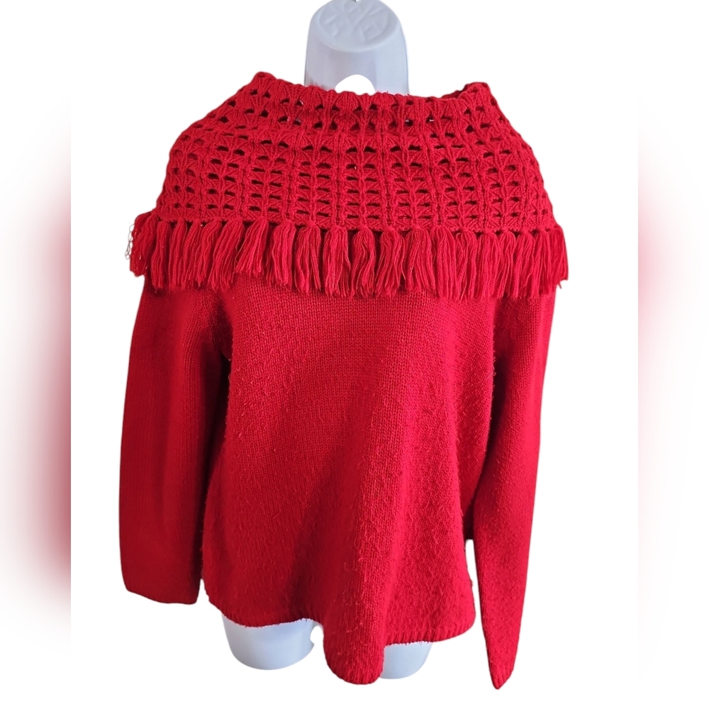 Norton McNaughton Medium Red Sweater Women’s Crochet Cowl Neck Fringe Y2K VTG - Picture 2 of 6